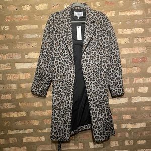 Leopard Print Faux Fur Jacket with Pockets & Tie